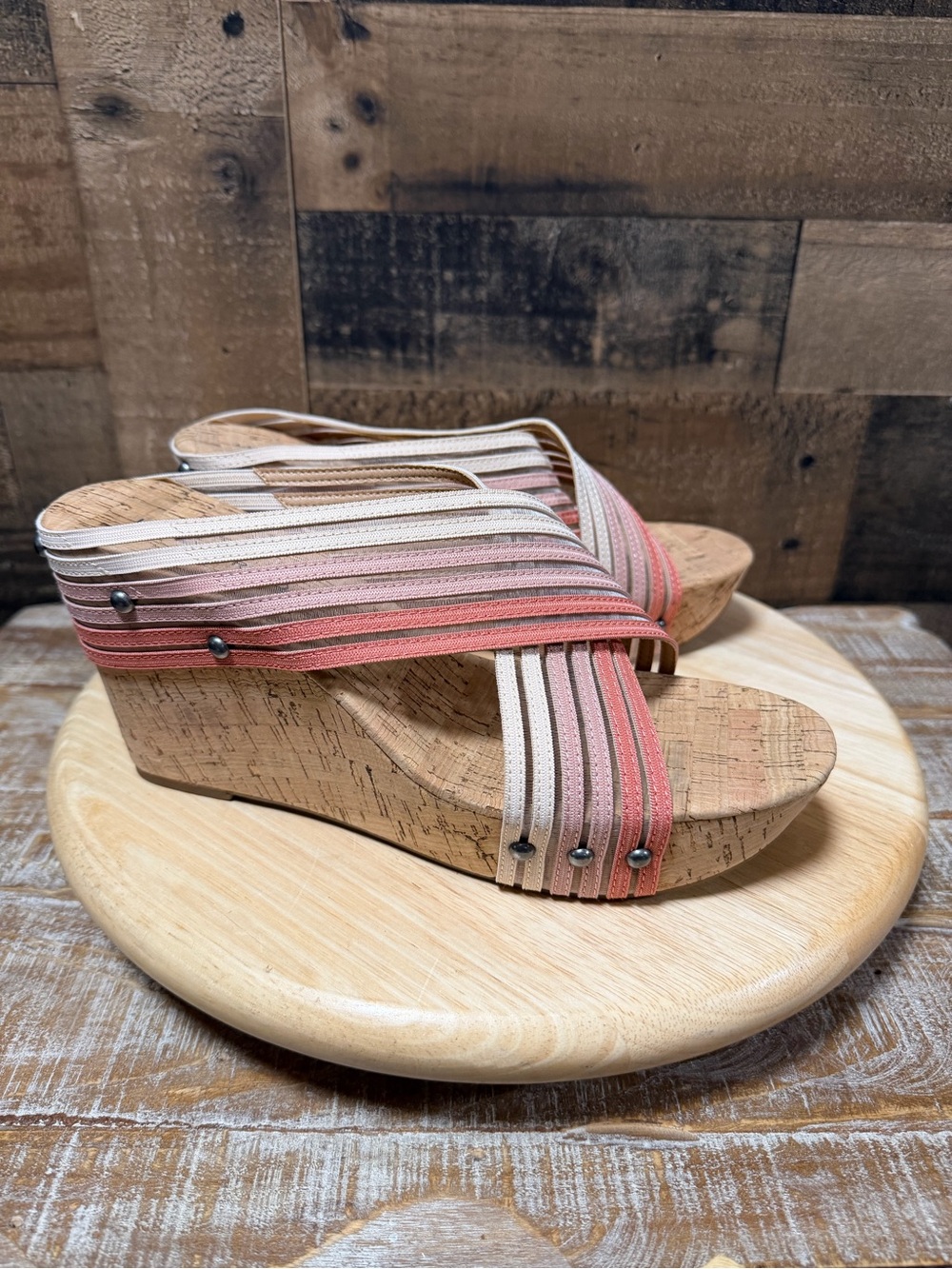 Lucky Brand Mykayla Cork Wedge Slide Sandals Women’s Size 9.5 Pink Ombre NWOB